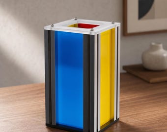 Mondrian Style Geometric Pen Holder, Aluminum Acrylic Desk Organizer, Industrial Bauhaus Design