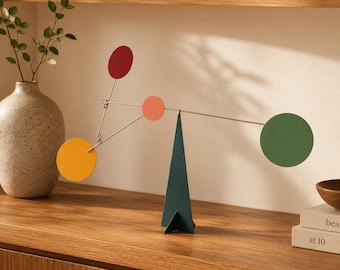 Kinetic Sculpture, Mondrian Style Desktop Art Decor, Metal Balancing Spheres Home Office Gift