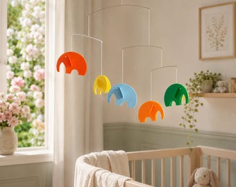 Mondrian Style Elephant Crib Mobile, Baby Visual Tracking Toy, Cardstock Hanging Art