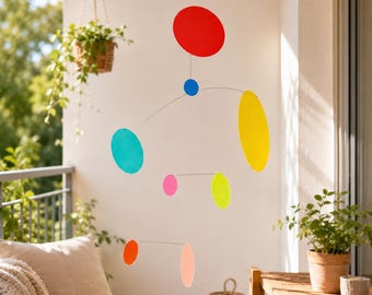 Rainbow Disc Hanging Mobile, Dopamine Room Decor, Colorful Ceiling Ornament, Nursery & Living Room Accent, Gift for Her, Matisse Style
