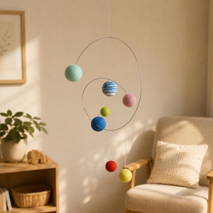 Handmade Kinetic Planets Mobile, Mid Century Modern Ceiling Decor, Baby Nursery Art