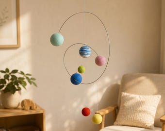 Handmade Kinetic Planets Mobile, Mid Century Modern Ceiling Decor, Baby Nursery Art