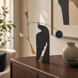 Mondrian Flying Bird Kinetic Sculpture, Metal Abstract Desktop Art, Primary Colors Home Office Decor