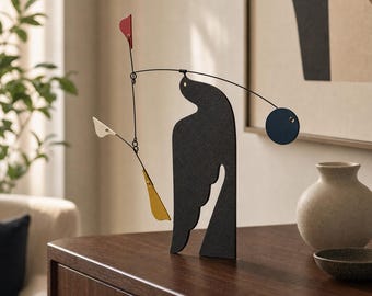 Mondrian Flying Bird Kinetic Sculpture, Metal Abstract Desktop Art, Primary Colors Home Office Decor