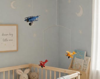 Vintage Biplane Mobile, Mondrian Style Kinetic Sculpture, Nursery Aviation Art