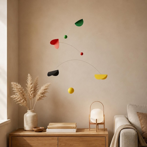 Handcrafted Kinetic Mobile, Bauhaus Mondrian Style Geometric Art, Primary Colors Ceiling Decor