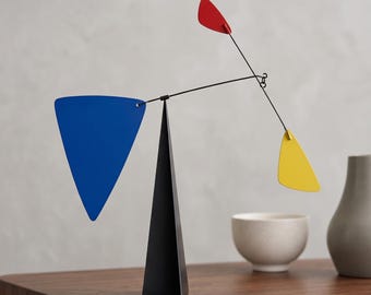 Mondrian Style Kinetic Sculpture, Steel Balancing Desk Decor, Red Blue Yellow Vanes