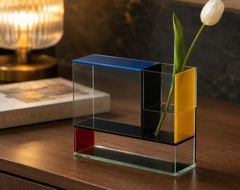 Mondrian Style Geometric Acrylic Vase, Modern Nordic Decor, Art Glass Sculpture