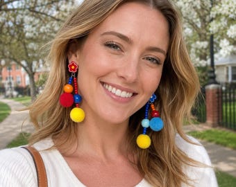 Mondrian Style Resin Pom Pom Earrings, Colorful Statement Jewelry, Clip On Option