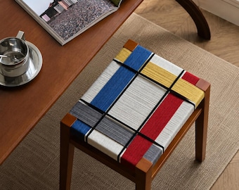 Taburete de madera tejido a mano, asiento apilable para tocador de dormitorio, decoración bohemia para el hogar, regalo de inauguración de casa, estilo Mondrian