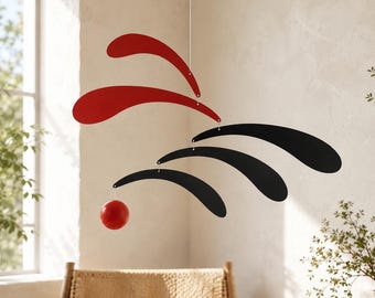 Mondrian Style Kinetic Mobile, Natural Wood Hanging Art, Red Black Abstract Minimalism