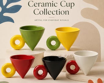 Ceramic Cone Cup, Funky Donut Handle Mug, Abstract Geometric Teacup, Matisse Art Vibe