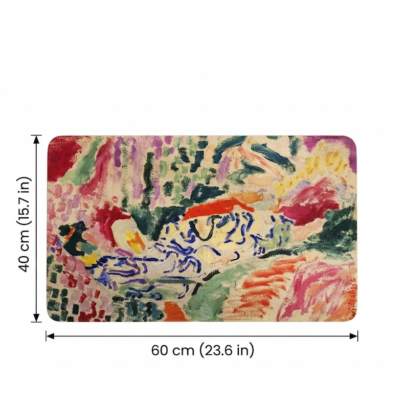 May include: Rectangular art mat with a colorful abstract design. The mat measures 23.6 inches long and 15.7 inches wide. The artwork features a mix of red, blue, green, and pink brushstrokes.