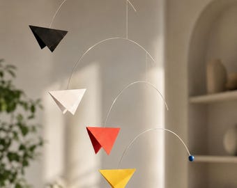Mondrian Style Mobile, Stainless Steel Arches, Cardstock Sails, Abstract Minimalism Decor