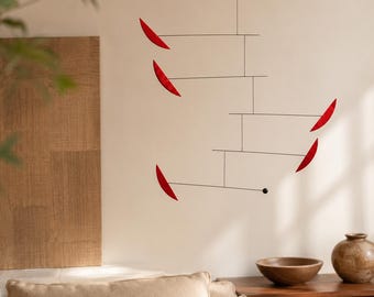 Mid-Century Modern Kinetic Mobile, Natural Wood Leaf Sculpture, Red Scandinavian Art