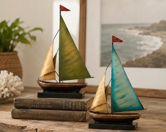 Wrought Iron Sailboat Sculpture, Mondrian Bauhaus Style, Nautical Desktop Ornament