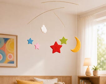 Colorful Star Moon Hanging Mobile, Mondrian Mobile, Star Moon Cloud Hanging Decor, Kids Room Display, Housewarming Gift, Matisse Inspired
