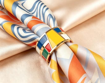 Artistic Scarf Ring | Mondrian Style Geometric Slide, Gold-Tone Titanium Steel