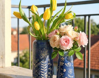Hand-Painted Blue Ceramic Vase, Embossed Floral Porcelain Flower Pot, Matisse Style