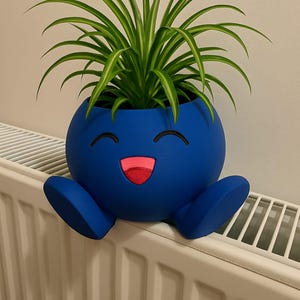 May include: A whimsical blue planter with a smiling face and attached feet, holding a vibrant green plant with long, slender leaves. The planter is sitting on a white radiator, adding a touch of fun to any space.