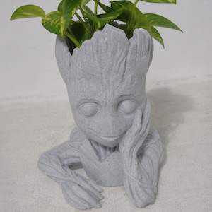 Puede incluir: Una maceta gris con forma de Groot que contiene una planta de hojas verdes y amarillas. La maceta tiene una superficie texturizada y apoya la cabeza en su mano. Las hojas de la planta son de un verde vibrante con variegaciones amarillas.