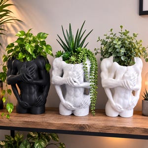 May include: Three torso-shaped planters in black, speckled grey, and white. Each planter features sculpted arms wrapping around the midsection. The black planter holds a pothos plant, the grey one holds succulents, and the white one holds greenery.