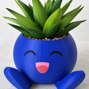Puede incluir: Una maceta redonda azul y caprichosa con una cara sonriente, que sostiene una suculenta verde vibrante. La maceta tiene dos pies azules y una lengua rosa. La suculenta tiene hojas verdes largas y puntiagudas.