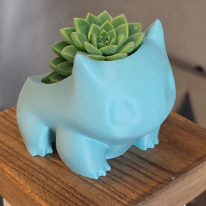 May include: A light blue planter shaped like a cartoon character, holding a green succulent plant. The planter has a textured surface and is sitting on a wooden surface. The plant has green leaves.
