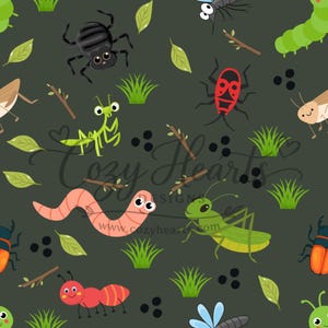 May include: Seamless pattern featuring cartoon insects, including a spider, praying mantis, worm, and grasshopper, set against a dark green background. The design also incorporates grass, leaves, and twigs, creating a playful and whimsical aesthetic.