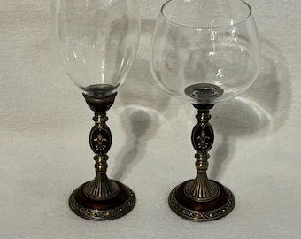 Vintage unique two(2)Elegant Enamel & Rhinestones Wine Glasses Pin Fleur De us Brown/Amber