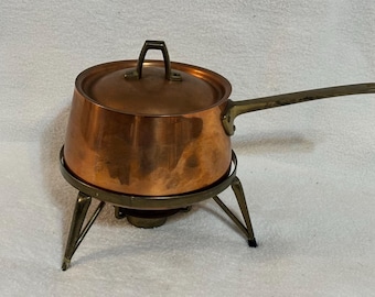 Vintage Copper Fondue Pot with Brass Handle & Stand – Mid Century Kitchenware