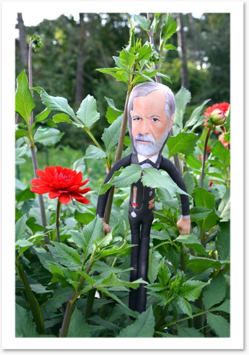May include: A doll of a man with a gray beard and hair, wearing a black suit and bow tie, stands among green plants and red flowers. The background features a blurred view of trees and foliage, creating a natural setting.