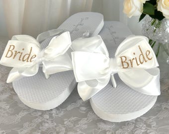 Handmade Bride Flip Flops – White Satin Bow, Glitter Wedding Sandals