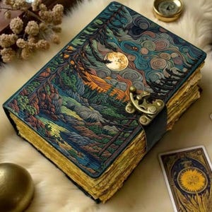 Peut inclure: Un journal en cuir détaillé avec un paysage représentant une pleine lune, des arbres et des montagnes. Le journal a des pages dorées et un fermoir en métal. Une carte de tarot et une boussole sont à proximité.
