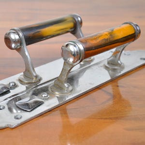 Pair of Vintage Bakelite Door Handles on Long Metal Backplate, 1930s-1950s Soviet Art Deco Hardware