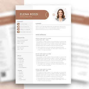 May include: A professional CV template featuring a brown header with the name Elena Rossi, a circular headshot, and structured sections for contact information, education, skills, summary, and work experience with placeholder text.