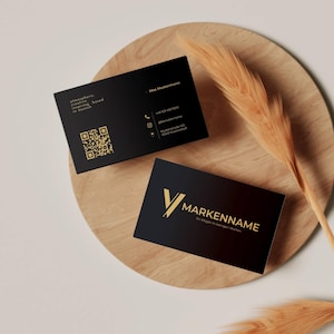 Luxuriöse Visitenkarten Vorlage in Schwarz & Gold mit Vorder- und Rückseite, Logo, QR-Code und edlem Layout als individuell anpassbare Canva-Vorlage – Louvion.de