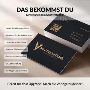 Lieferumfang der luxuriösen Visitenkarten Vorlage in Schwarz & Gold für Canva mit Vorder- und Rückseite, QR-Code, Anleitung, Icons und Drucktipps – Louvion.de