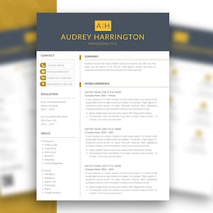 Könnte beinhalten: Eine professionelle Lebenslaufvorlage mit einem dunkelgrauen Kopfbereich und dem Namen Audrey Harrington in goldener Schrift. Das Layout umfasst ein zweispaltiges Design mit Abschnitten für Kontaktdaten, Ausbildung, Fähigkeiten und Berufserfahrung.