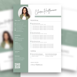 May include: A modern resume template featuring a woman's headshot. The design uses a light green and white colour palette. The name "Clara Hoffmann" is written in cursive script at the top. The resume includes sections for work experience and education.