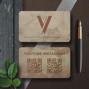 Boho business card template in beige, Canva, with front & back, QR code, logo, 2 formats for Europe and USA/Canada, download