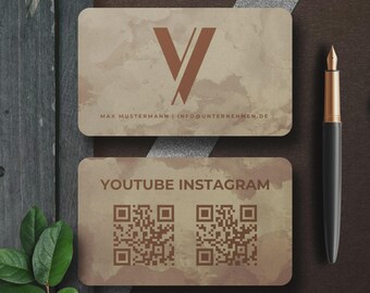 Boho business card template in beige, Canva, with front & back, QR code, logo, 2 formats for Europe and USA/Canada, download