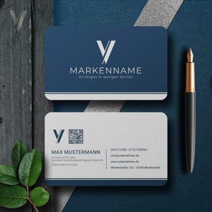 Elegante Visitenkarten Vorlage in Dunkelblau & Weiß – Canva mit Vorder- und Rückseite, QR-Code, Logo und 2 Formaten