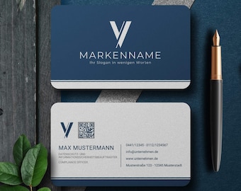 Elegant business card template in dark blue & white – Canva with front and back, QR code, logo and 2 formats