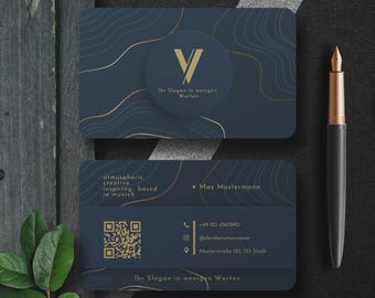 Elegant business card template in dark blue & gold, Canva, with front and back, QR code, logo, 2 formats: Europe and USA/Canada