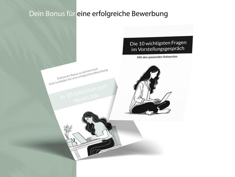 Werbegrafik für Bonus-Materialien zur Bewerbung. Abgebildet sind zwei E-Book-Cover: „In 10 Schritten zum neuen Job“ und „Die 10 wichtigsten Fragen im Vorstellungsgespräch“, jeweils mit minimalistischen Illustrationen von Frauen an Laptops.