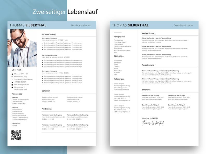 German Resume Template Word Canva, Modern CV Template, Cover Letter ...
