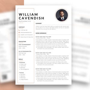 May include: A professional resume template featuring a clean, two-column layout with a circular headshot placeholder at the top right. The document includes sections for contact information, education, skills, a summary, and work experience.