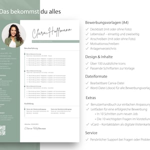 Übersichtsgrafik mit dem Titel „Das bekommst du alles“. Links ist die Lebenslauf-Vorlage von Clara Hoffmann zu sehen, rechts daneben eine detaillierte Checkliste mit allen enthaltenen Leistungen wie Deckblatt, Anschreiben, Motivationsschreiben, Icons und E-Book-Extras.