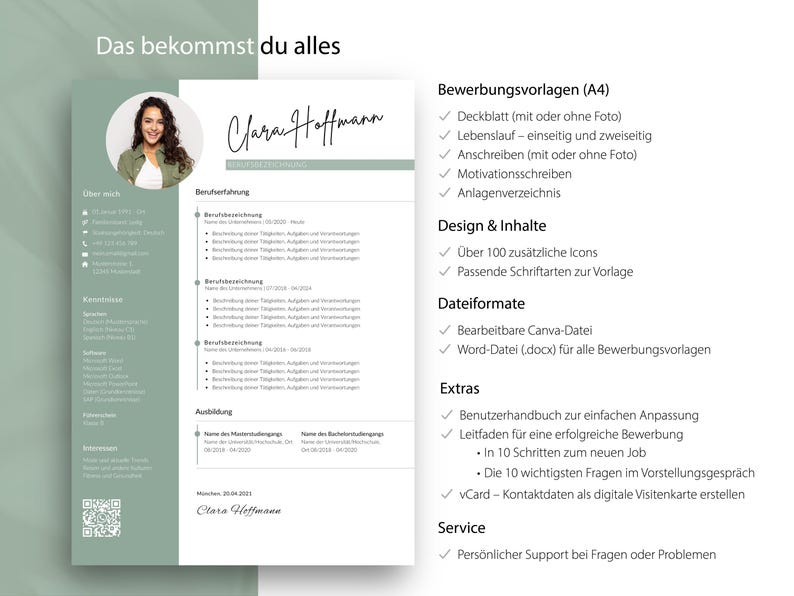 Übersichtsgrafik mit dem Titel „Das bekommst du alles“. Links ist die Lebenslauf-Vorlage von Clara Hoffmann zu sehen, rechts daneben eine detaillierte Checkliste mit allen enthaltenen Leistungen wie Deckblatt, Anschreiben, Motivationsschreiben, Icons und E-Book-Extras.